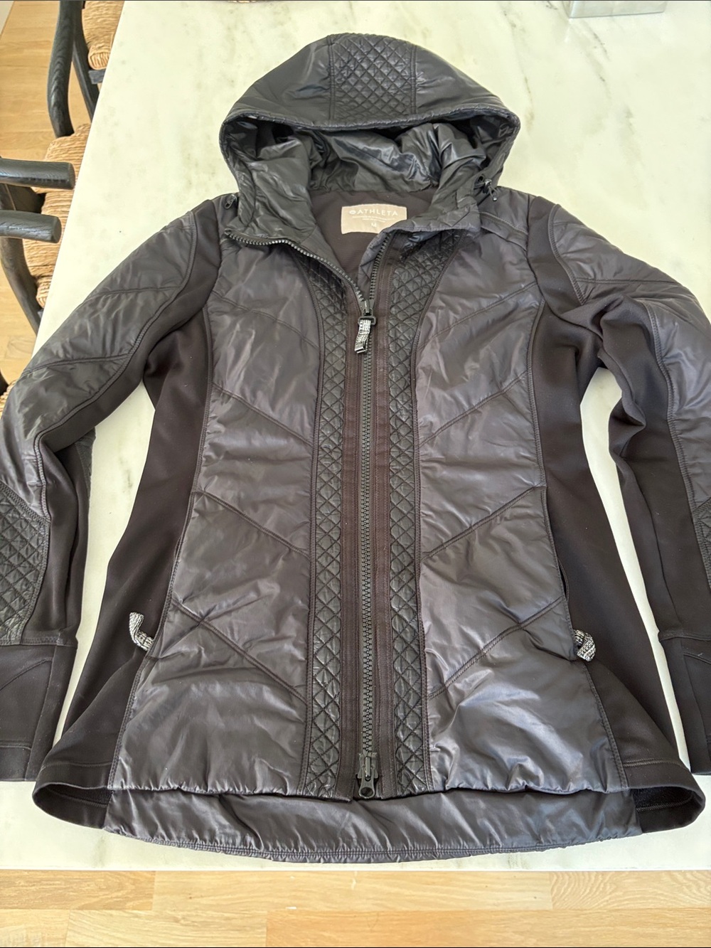Athleta Black Quilted Hooded Puffer Jacket with Stretch Panels
